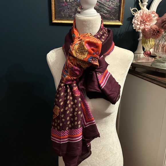 LOFT Vibrant Floral Scarf in Burgundy and Orange - Picture 2 of 7
